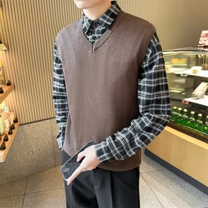 春秋季男士无袖毛衣背心宽松坎肩打底衫v领针织衫韩版马甲 MY09图片