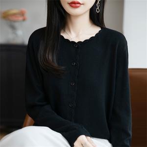 法式温柔风花边设计针织开衫女外套2025新款精纺毛薄款外搭毛衣衫图片