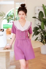 时尚显瘦紫色两件套女夏季新款气质短袖上衣高腰短裤套装小香风，女装套装/套裙，秋水欣儿