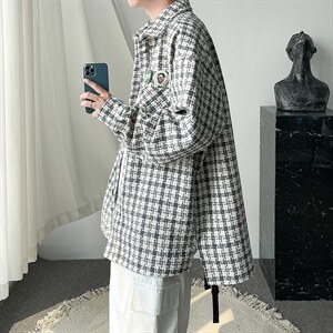 2023春秋港风男士宽松大码千鸟格呢料夹克外套男 A071-C25-P68图片