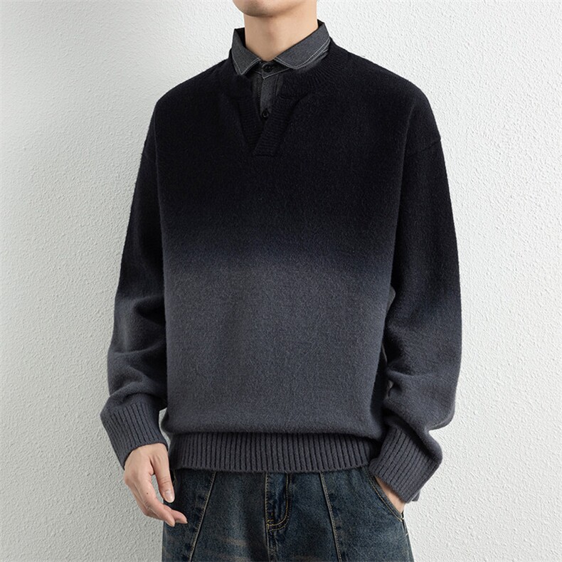 25768-P70假两件衬衫领毛衣套头衫男针织衫渐变色宽松打底衫,男装T恤,电商D310B