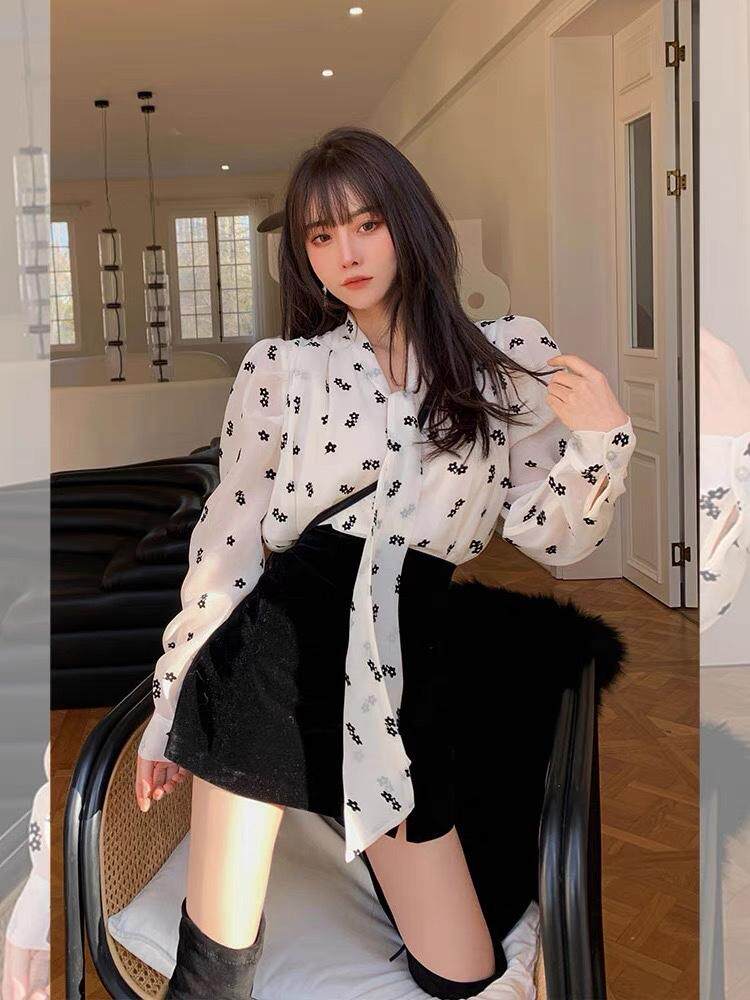 现货碎花领带甜美衬衫，女装衬衫，AT(2F)