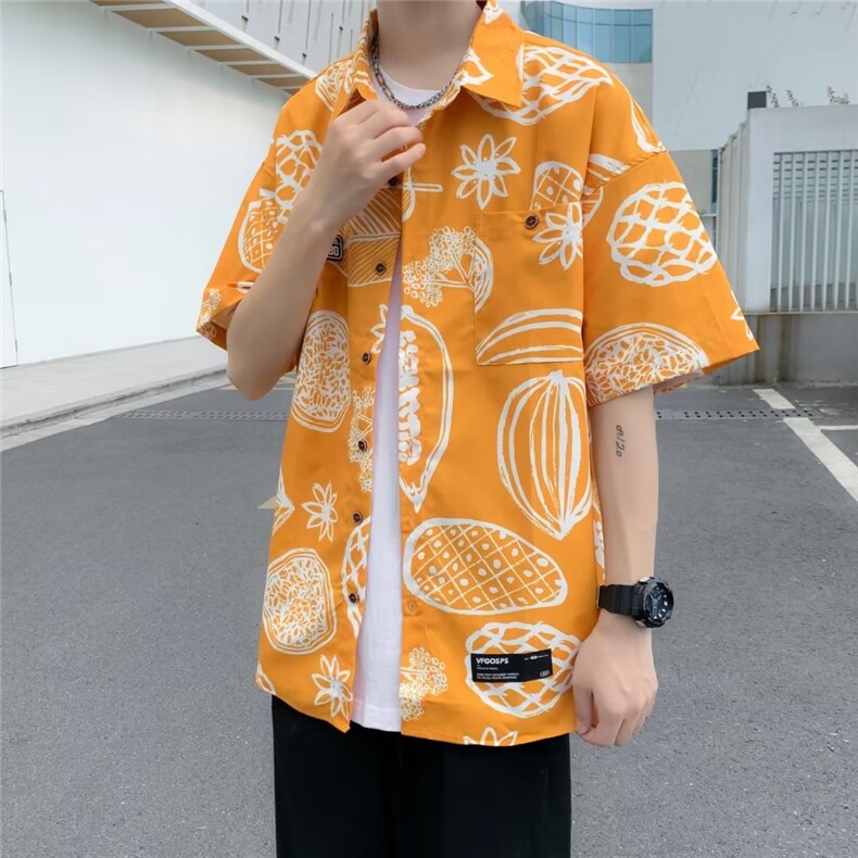 日系港风潮流潮牌痞帅外套满印衬衫男夏季小众短袖衬衣W3394-P30,男装衬衫,星座512-2