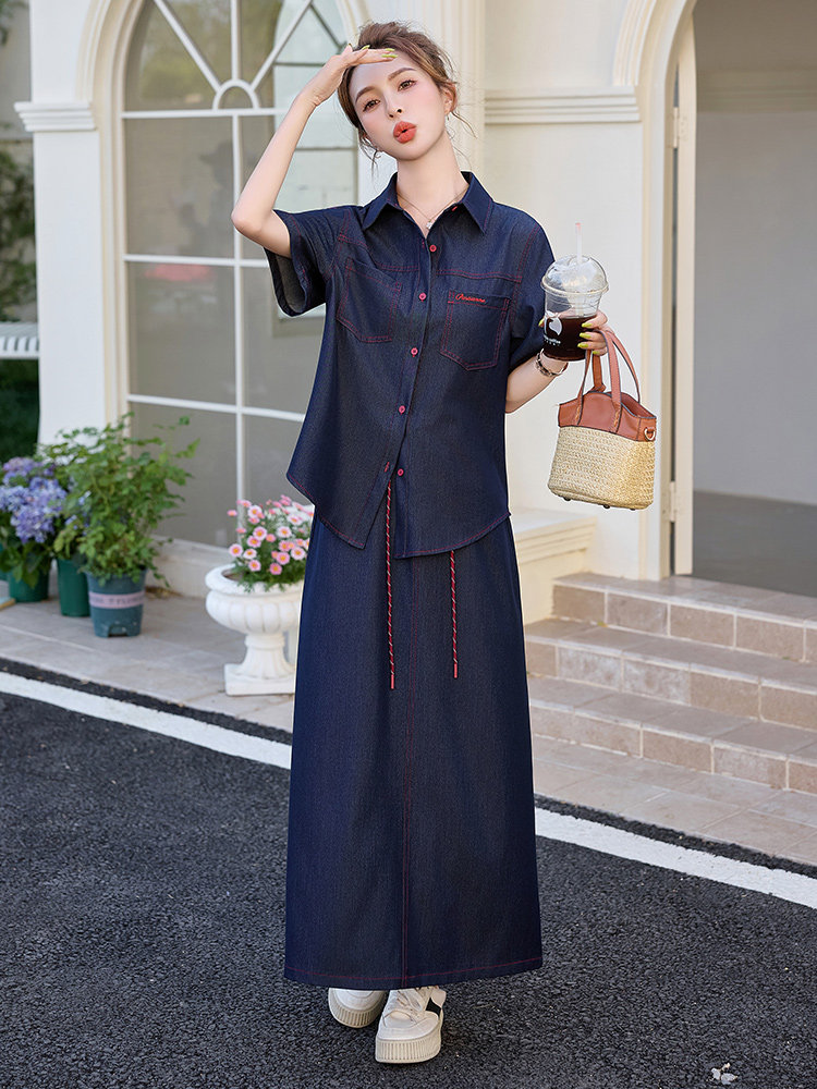 （新款现货）2026夏装新款时尚天丝牛仔大版衬衫+长裙（两件套）,女装套装/套裙,印象茜