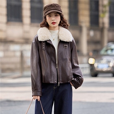【冬季女装新款】可脱卸毛领休闲加绒保暖皮棉P-145，女装皮衣，简古