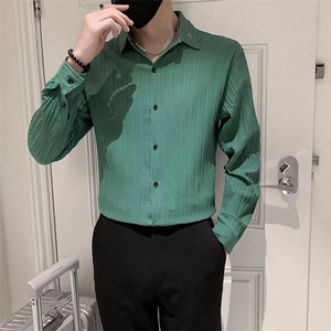 黑色衬衫男长袖条纹纯色痞帅上衣外套休闲男装冰丝白衬衣 C304图片