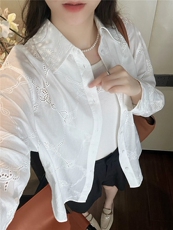 秋季新款绿绒蒿花朵刺绣宽松透气纯棉长袖衬衫，女装衬衫，湘姗