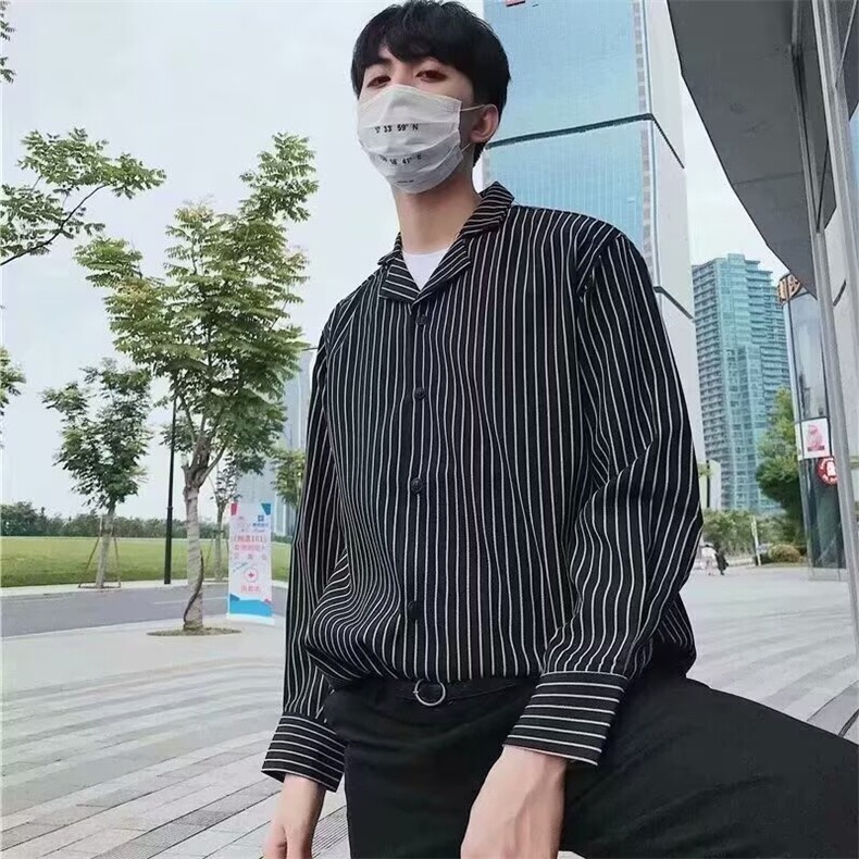 条纹衬衫男长袖韩版休闲宽松帅气寸网红学生修身潮流外套黑色衬衣,男装衬衫,星座1210-1