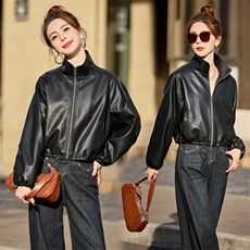 欧货短款皮衣外套女2025春新款小个子立领高级感百搭美式夹克上衣，女装皮衣，简古