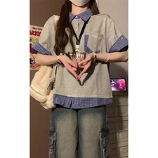 H1059-p35POLO领情侣体恤假两件格子衬衫短袖，男装T恤，星座617A-2