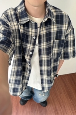 特批P25无差价夏季新款港风格子翻领短袖百搭宽松衬衫男CD5504，男装衬衫，电商A001-1
