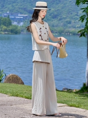 （新款现货）2026夏装时尚莱赛尔蕾丝刺绣马甲+屁帘阔腿裤两件套，女装套装/套裙，印象茜