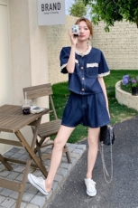 现货2D078-T2011-P145K228蕾丝装饰牛仔上衣+短裤真两件套，女装套装/套裙，2D078