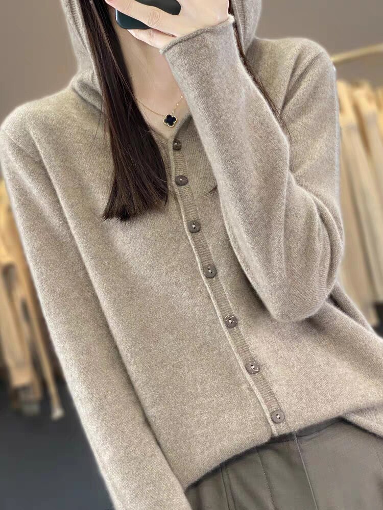 一线成衣100%纯羊毛连帽开衫女秋冬针织毛衣宽松慵懒羊绒外套帽衫,针织衫/毛衣,众美斯特