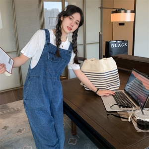 设计感松紧肩牛仔背带裤洋气百搭休闲减龄宽松显瘦阔腿裤连体裤女图片