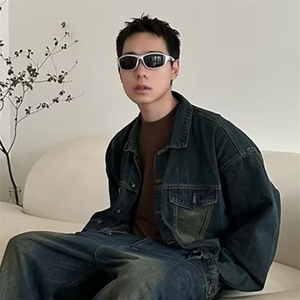 美式复古廓形水洗做旧牛仔外套男士春季新款街头嘻哈宽松夹克上衣图片
