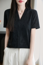 2025年新款短袖女夏季天丝V领提花内搭时尚气质百搭针织衫上衣，女装T恤，朝贺羊绒