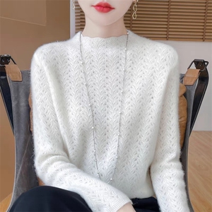 半高领菱形提花加厚100%羊毛衫女2024秋冬宽松慵懒羊绒衫打底上衣图片
