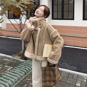 羊羔毛外套女冬皮毛一体麂皮短款保暖机车服上衣99033款P195K278图片