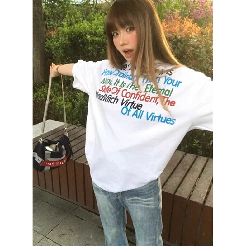 彩虹字母印花圆领短袖T恤男女夏季宽松休闲百搭上衣 TY004图片