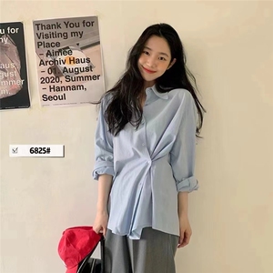 法式设计感小众蓝色不规则小特别叠穿衬衫长袖衬衣女图片