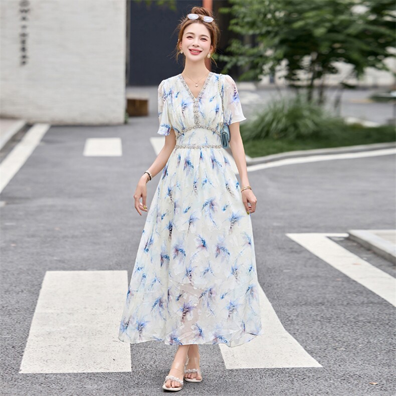 法式印花短袖连衣裙女2025夏季新款收腰显瘦优雅镶钻拼接v领长裙,女装连衣裙,辉煌依升