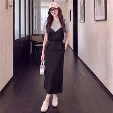 高级感时尚休闲套装女夏新款圆领蕾丝拼接上衣开叉半身长裙两件套，女装套装/套裙，江南