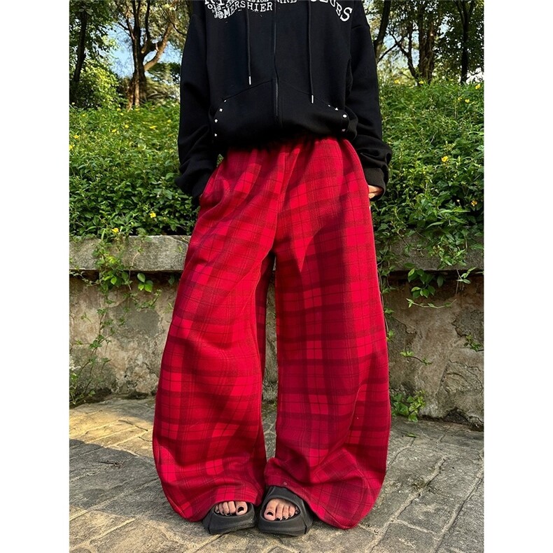 美式复古格子裤女秋季红色格纹阔腿裤宽松运动显瘦休闲裤拖地长裤,男装休闲裤,星座1210-1
