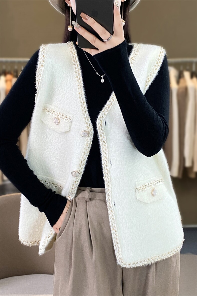 时尚女装水貂绒马甲外套优雅显瘦无袖背心冬季保暖百搭单品,女装马甲,暖姿羊绒