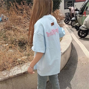 刺绣字母魔术贴美式复古纯棉短袖t恤女夏季新款情侣上衣潮T1255图片