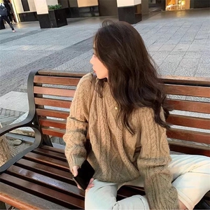 慵懒风复古加厚套头毛衣女秋冬新款宽松圆领麻花外穿针织衫图片