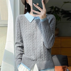 时尚假两件24新款羊毛女显瘦拼色宽松气质春秋麻花针织衫，女装羊毛衫，伟泽羊绒
