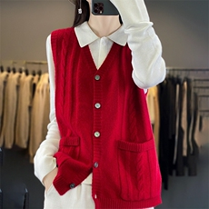 纯羊毛针织开衫无袖马甲女复古休闲百搭叠穿保暖外穿毛衣坎肩秋冬，女装马甲，暖烁羊绒