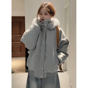 连帽毛呢棉服男女冬季加厚保暖毛领拼接棉衣外套 M7886图片