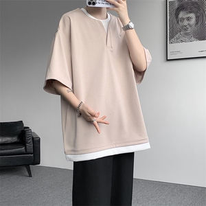 8XL-M重磅斜纹假两件短袖t恤男夏季薄款宽松大码半袖体恤DT006P45图片
