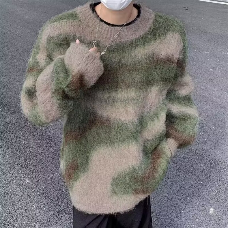美式复古条纹绿色毛衣男款秋季韩系慵懒风格穿搭潮牌毛线衣外套图片