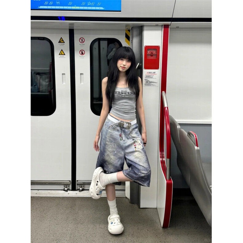 DKN47LL-P60美式复古贴画印花牛仔短裤男宽松直筒七分裤,男装牛仔裤,星座1007（原301D）