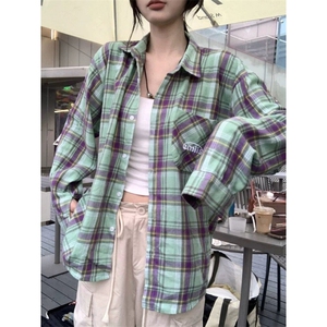 TC591-P45美式复古撞色格纹长袖衬衫男女宽松百搭口袋衬衣潮图片