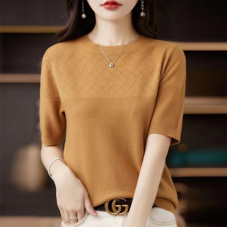 简约气质五分袖羊毛打底衫女t恤内搭半高领秋季中袖针织羊绒上衣,针织衫/毛衣,林达羊绒