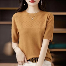 简约气质五分袖羊毛打底衫女t恤内搭半高领秋季中袖针织羊绒上衣，女装针织衫/毛衣，林达羊绒