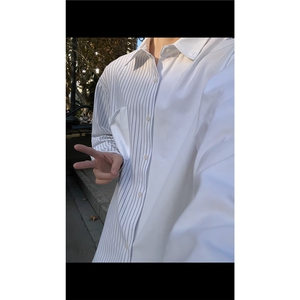 春秋新款韩系拼接条纹衬衫男宽松休闲长袖衬衫打底潮流衬衫特P45图片