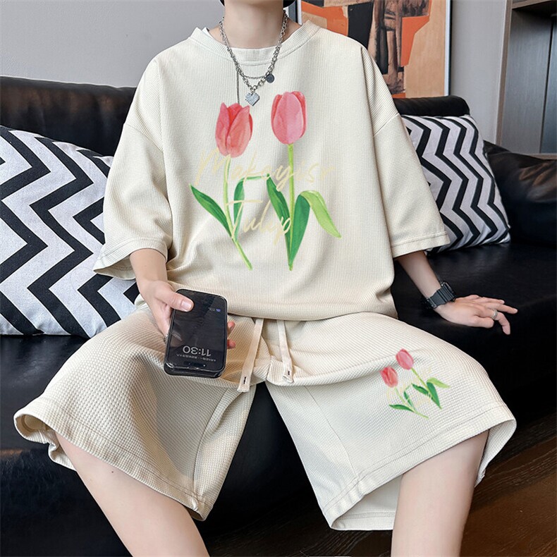 青少年夏季套装男士冰丝华夫格短袖t恤休闲运动短裤搭配帅气一套，男装牛仔裤，星座1904A-1