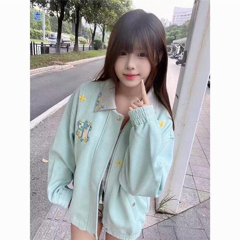 小花刺绣外套女2025新款美式复古百搭立领夹克上衣图片