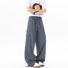 8XL-M复古蓝色格子裤男垂感拖地遛弯裤直筒冰丝阔腿裤K9129P58，男装休闲裤，电商D206-1