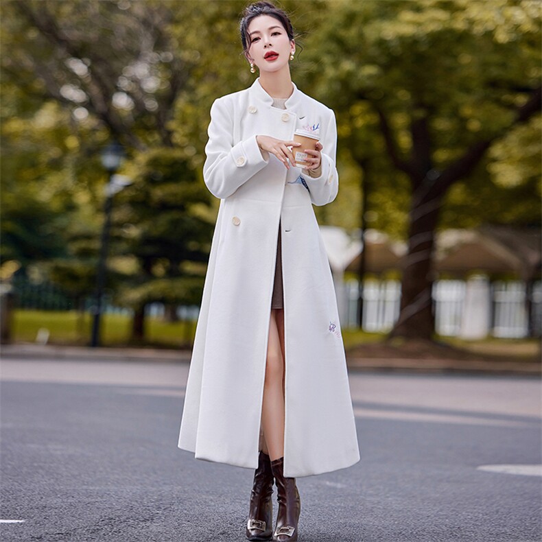 女式毛呢外套冬装新款刺绣立领加长款新中式国风呢子大衣,女装毛呢外套,芷墨服饰