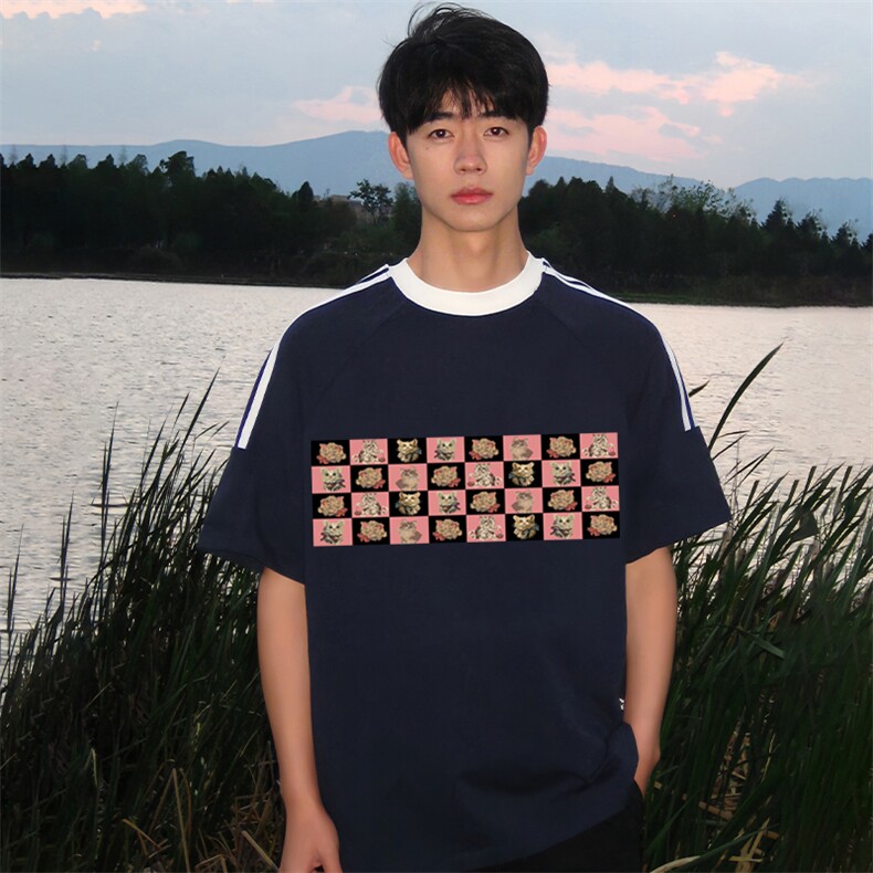 夏季美式高街重磅纯棉三条杠织带撞色男女短袖T恤ZD397-特P30,男装T恤,电商A486