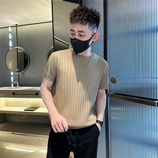2026夏季短袖T恤圆领针织坑条上衣纯色冰丝休闲上衣T0268-P50，男装T恤，电商D342