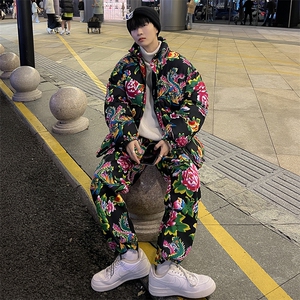 Z01情侣东北大花风民族风特色棉衣加绒裤套装大码男女土潮装图片