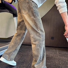 美式高街荆棘提花牛仔裤男款水洗做旧蓝色宽松直筒微喇休闲长裤潮，男装牛仔裤，星座506A