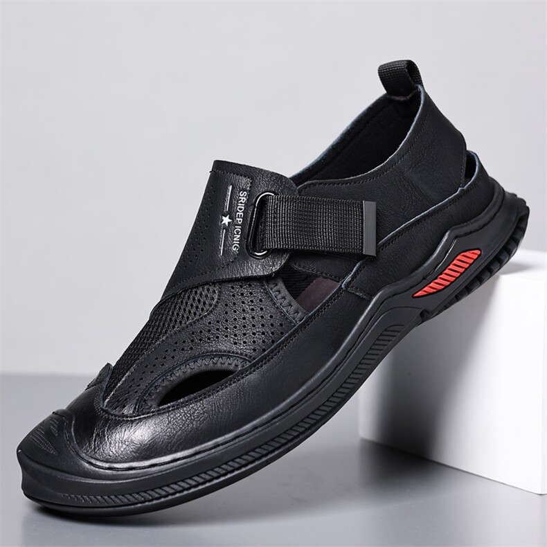 夏季新款男士休闲镂空网面皮鞋男透气洞洞鞋包头真皮凉鞋，男鞋凉鞋，电商A223